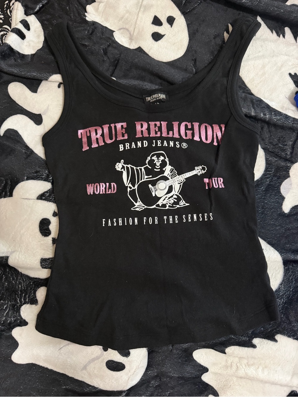 True Religion Black Tank Top with Pink and White Graphic